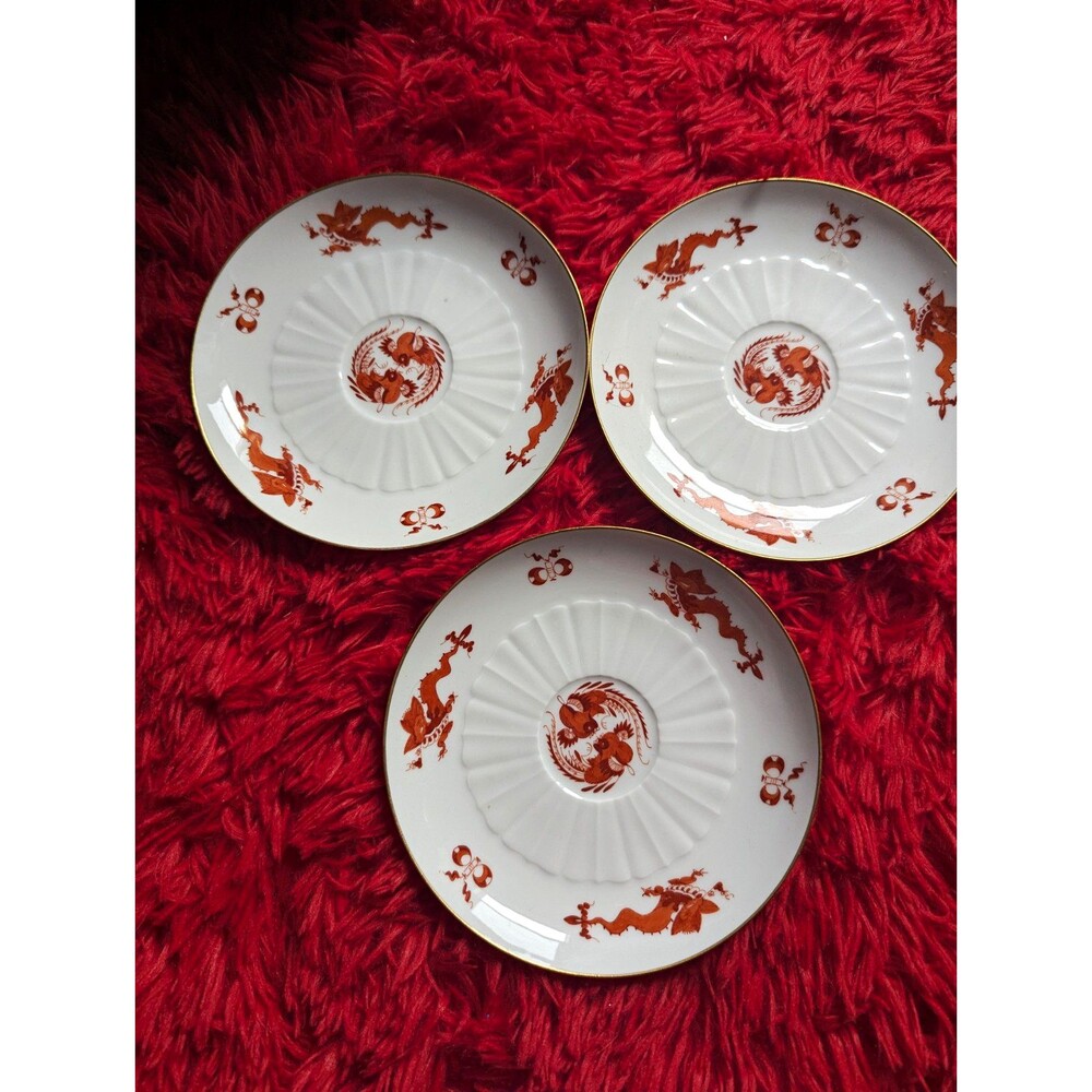 Vintage Meissen Red Dragon Porcelain Saucers Set of 3 Gold Rim Crossed Swords